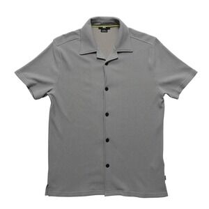 DKNY Mens Large Grey Ribbed Button Up Camp Collar Stretch ShirtM2361109